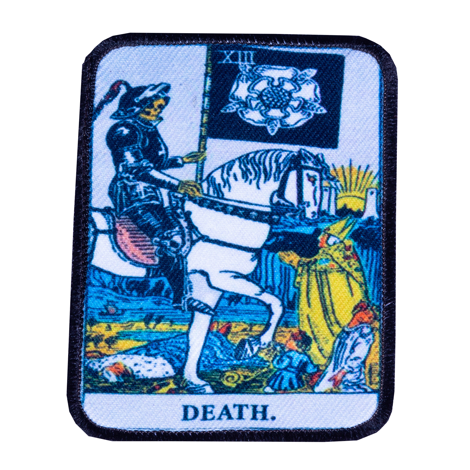 Embroidered patch of the 'Death' card from a tarot deck on a white background